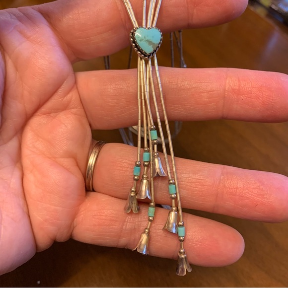 CAROLYN POLLACK 16-20" TURQUOISE SQUASH BLOSSOM LIQUID SILVER HEISHI NECKLACE - Picture 3 of 9